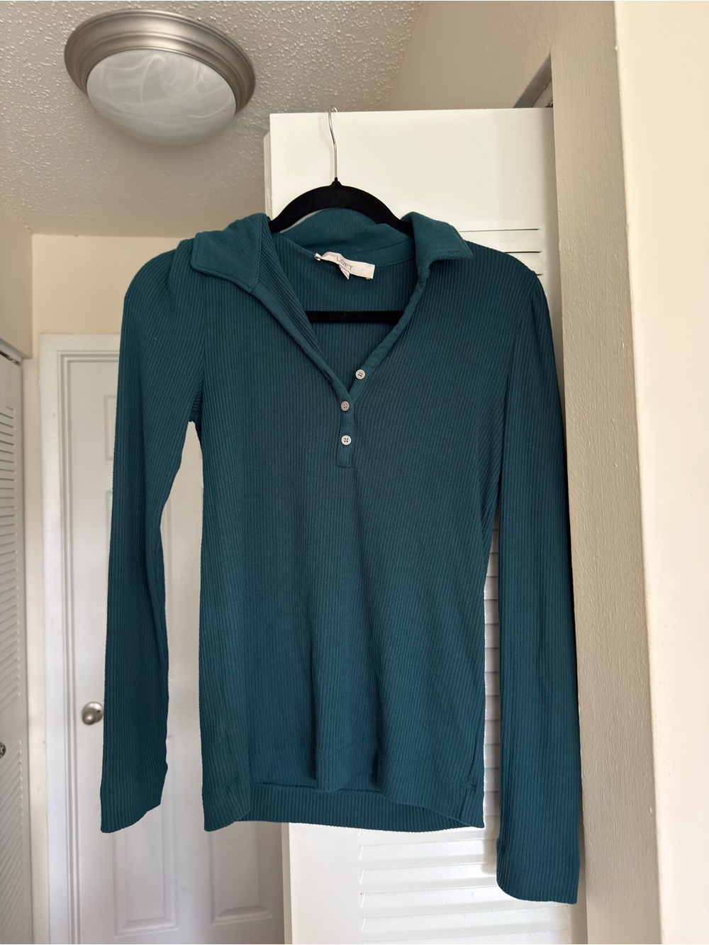 LOFT Teal Ribbed Long-Sleeve Henley Polo